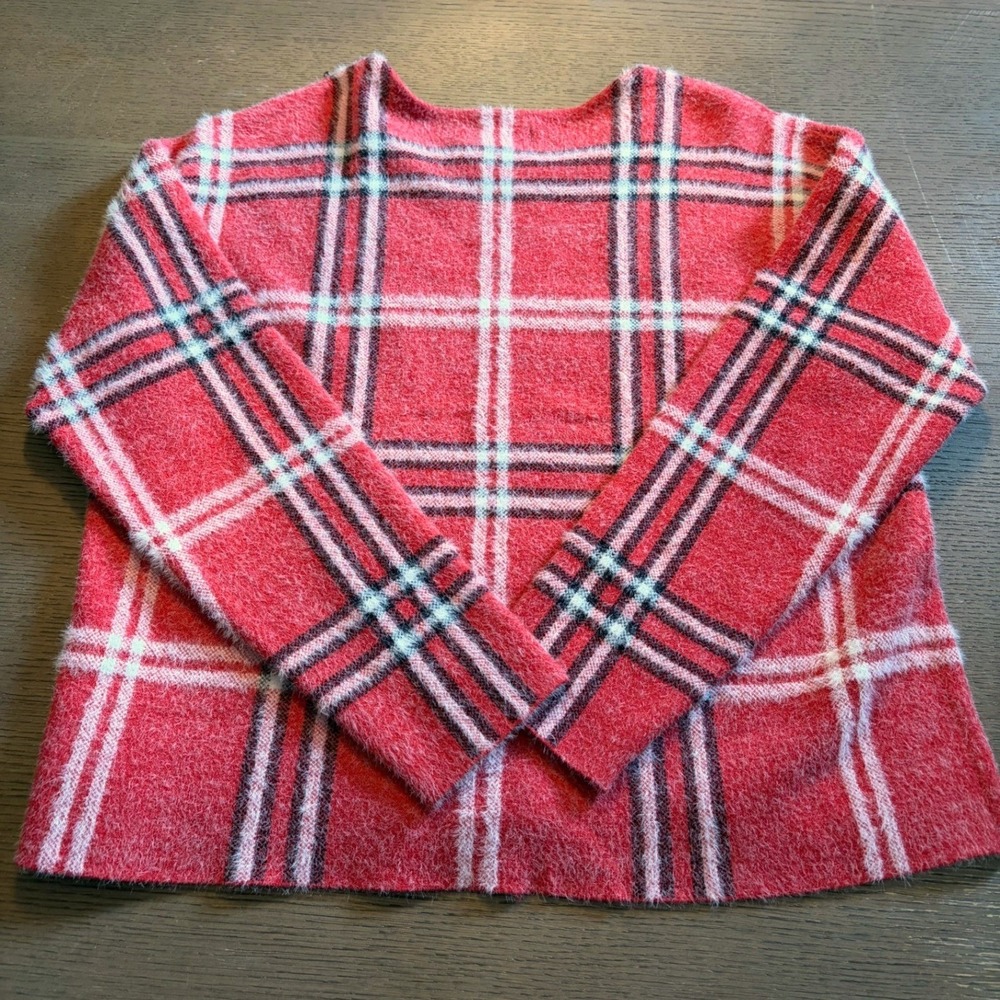 Tahari Womens XL Red Plaid Eyelash Knit Sweater and Hair Bow Set Short Sleeve
